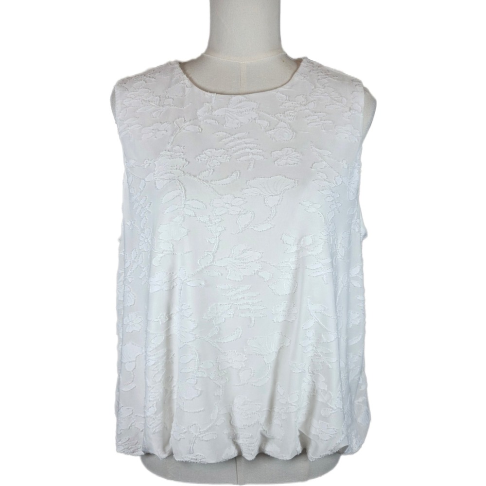 Vince Camuto White Floral Burnout Bubble Hem Sleeveless Blouse